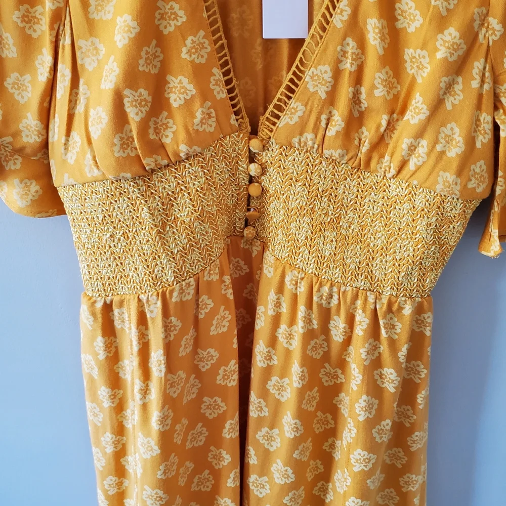 NWT Urban Outfitters S Mustard Yellow Floral Prarie Cottagecore Mini Dress - Picture 7 of 10